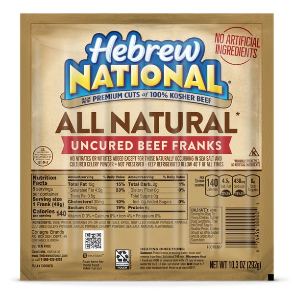 Hot Dogs, Bacon & Sausage Hebrew National All Natural Uncured Kosher Beef Franks Hot Dogs hero