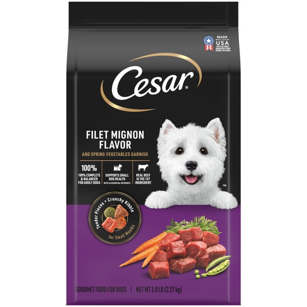 Dry Dog Food Cesar Small Breed Dry Dog Food Filet Mignon Flavor with Spring Vegetables Garnish hero