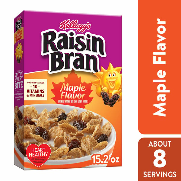 Cereal Raisin Bran Cold Breakfast Cereal, High-Fiber Cereal, Heart Healthy, Maple hero