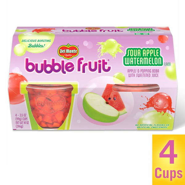 Juice & Nectars Del Monte BUBBLE FRUIT Sour Apple Watermelon FRUIT CUP Snacks, 4 Pack hero