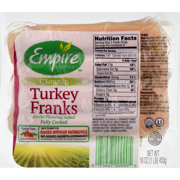 Kosher Foods Empire Kosher Turkey Franks, Classic hero