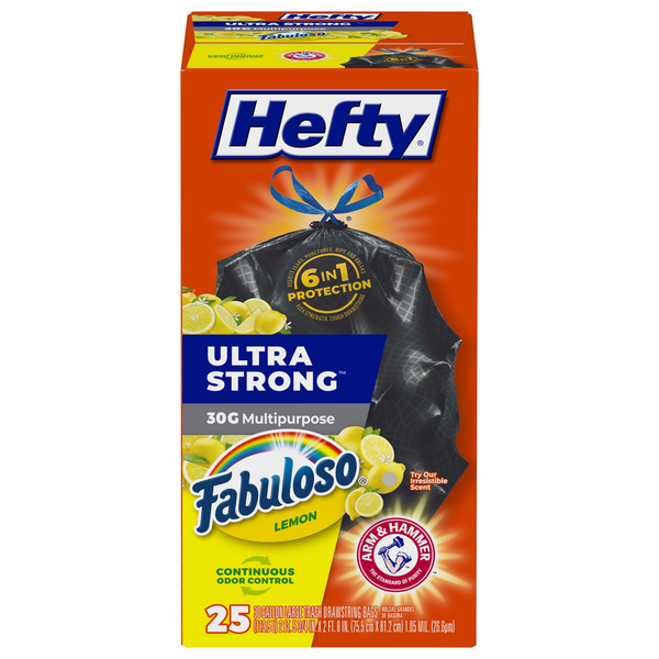 Hefty Trash Bags, Drawstring, Large, Fabuloso Lemon, 30 Gallon, Mega Pack hero