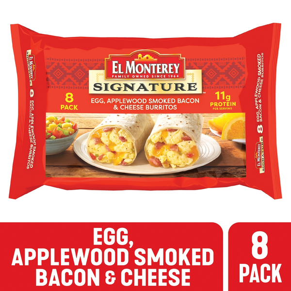 Frozen Breakfast El Monterey Burritos, Egg, Applewood Smoked Bacon & Cheese hero