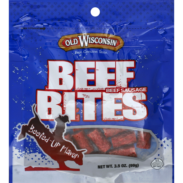 Popcorn & Jerky Old Wisconsin Beef Bites, Beef Sausage hero