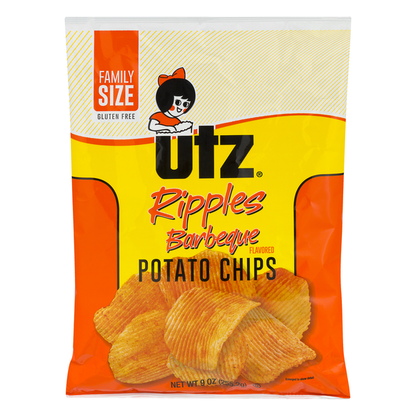 Chips & Pretzels Utz Potato Chips, Barbeque Flavored, Ripples, Family Size hero