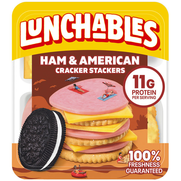 Lunchables Ham & American Cheese Cracker Stackers Snack Kit Chocolate Sandwich Cookies hero