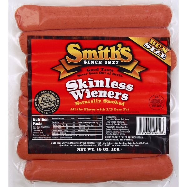 Packaged Meat Smiths Wieners, Skinless, Bun Size hero