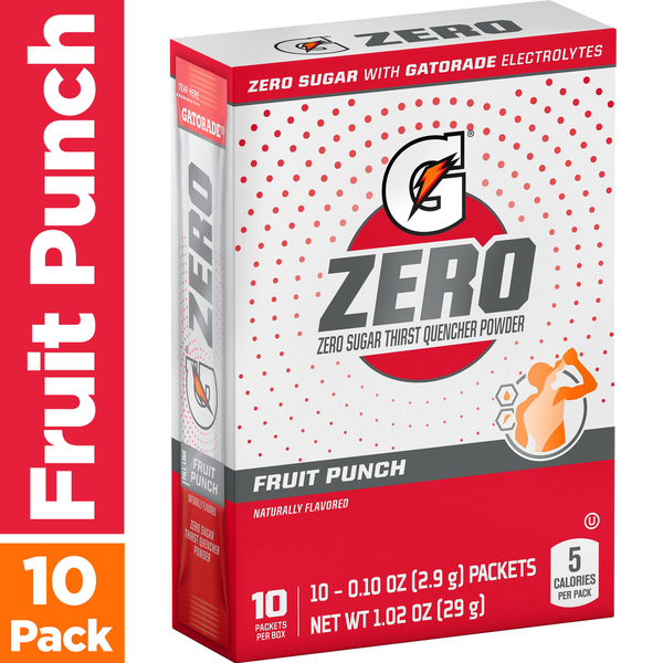 Soft Drinks Gatorade Zero Sugar Thirst Quencher Powder Fruit Punch Natural Flavor 0.10 Oz 10 Count hero