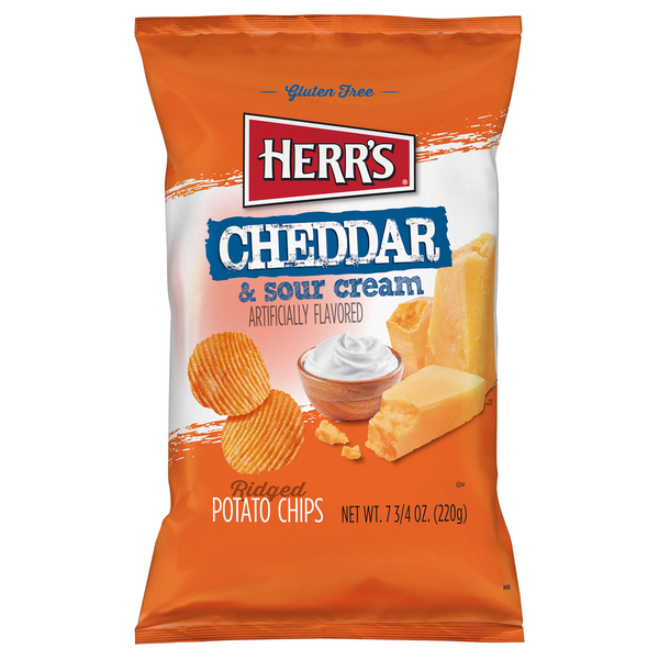 Chips & Pretzels Herr's Potato Chips, Cheddar & Sour Cream, Ridged hero