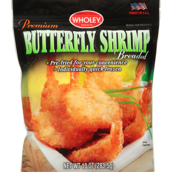 Frozen Meat & Seafood Wholey Butterfly Shrimp, Premium, Breaded hero