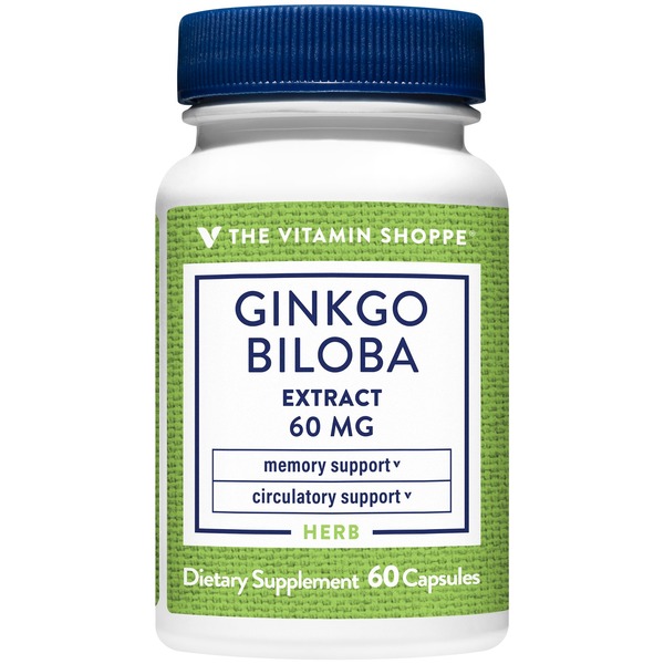 Brain & Memory Support The Vitamin Shoppe Ginkgo Biloba Extract - 60 MG - 24% Total Flavone Glycosides (60 Capsules) hero