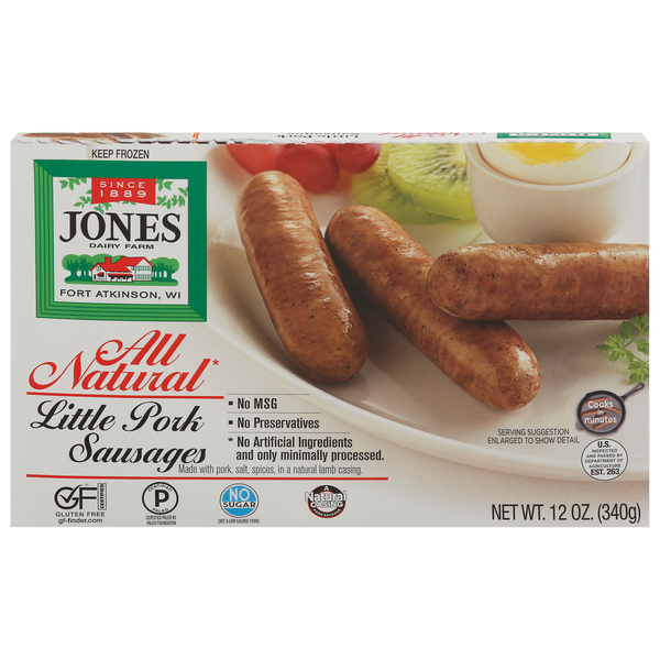 Frozen Breakfast Jones Dairy Farm Pork Sausages, All Natural, Little hero