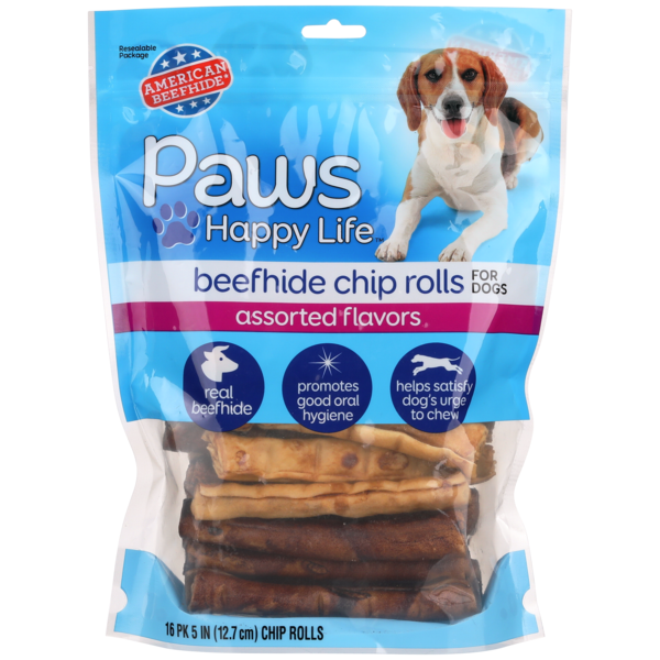 Packaged Meat Paws Happy Life Assorted Flavors Beefhide Chip Rolls For Dogs hero