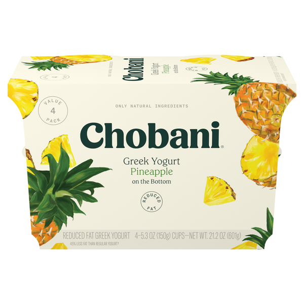 Yogurt Chobani Yogurt, Greek, Reduced Fat, Pineapple on the Bottom, Value 4 Pack hero