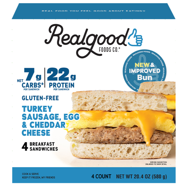 Frozen Breakfast Real Good Foods Low Carb Turkey Sausage, Egg, and Cheese Breakfast Sandwich hero