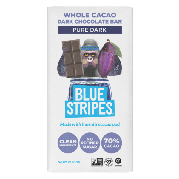 Candy & Chocolate Blue Stripes Whole Cacao Chocolate Bar, Pure Dark hero