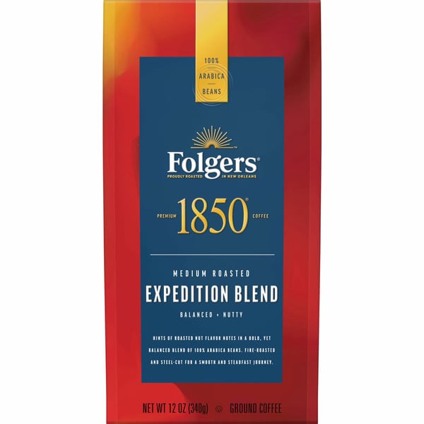 Coffee Folgers 1850 Ground, Medium Roast, Pioneer Blend Coffee hero