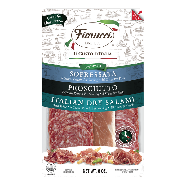 Deli Packaged Specialty Meat Fiorucci Pre-Sliced Charcuterie Variety Pack,  Sopressata,  Prosciutto,  and Italian Dry Salami,  Resealable Package hero