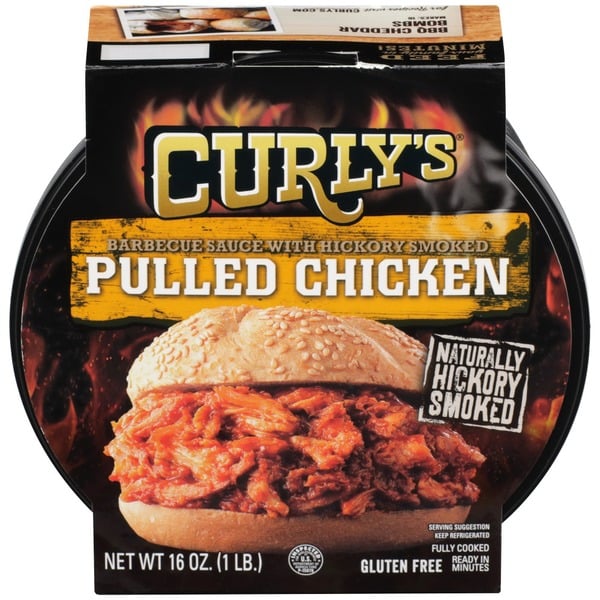 Packaged Meat Curlys Pulled Chicken Barbecue Sauce with Hickory Smoked hero