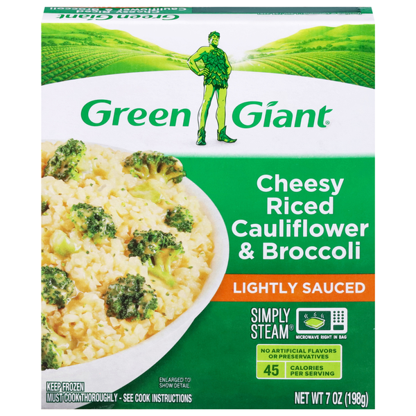 Vegetables, Vegan, & Vegetarian Green Giant Simply Steam Riced Cauliflower, Broccoli Florets & Cheese Sauce hero