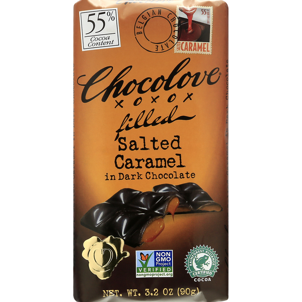 Candy & Chocolate Chocolove Dark Chocolate, Salted Caramel, Filled, 55% Cocoa hero