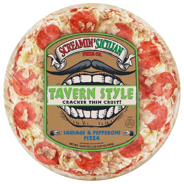 Frozen Meals Screamin' Sicilian Pizza, Tavern Style, Sausage & Pepperoni hero