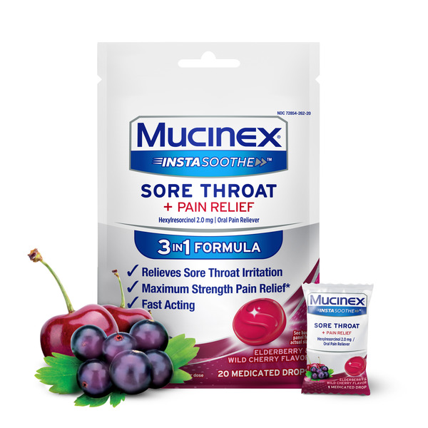 Cold, Flu & Allergy Mucinex InstaSoothe Sore Throat + Pain Relief Medicated Drops, Elderberry & Wild Cherry hero