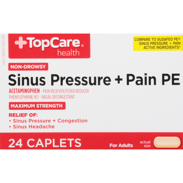 Cold, Flu & Allergy TopCare Sinus Pressure + Pain PE, Maximum Strength, Caplets, Non-Drowsy, For adults hero