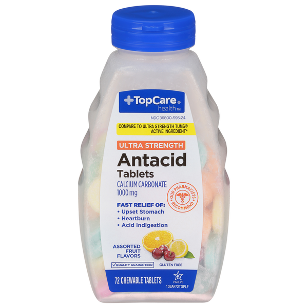 Digestion TopCare Antacid, Ultra Strength, 1000 mg, Chewable Tablets, Assorted Fruit Flavors hero