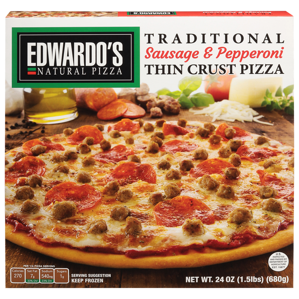 Frozen Pizza Edwardo's Pizza, Thin Crust, Sausage & Peperoni, Traditional hero