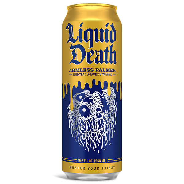 Liquid Death Iced  Black Tea, Armless Palmer hero