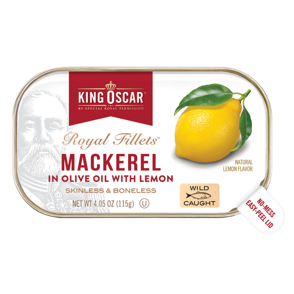 Canned Meat & Seafood King Oscar Fillet Skinless/Boneless Mackerel in Olive Oil and Lemon hero