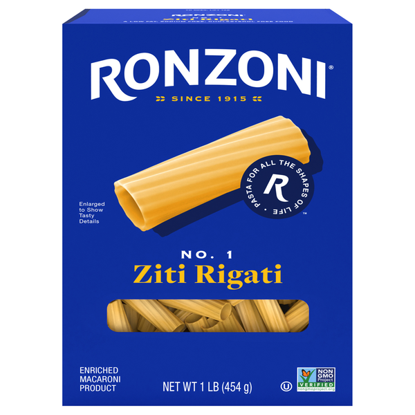 Dry Pasta Ronzoni Ziti Rigati, 16 oz, Ridged Tubed Pasta, Non-GMO hero