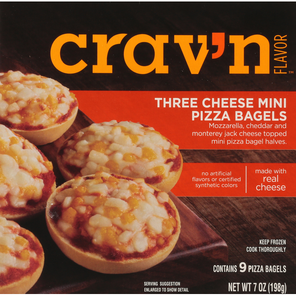 Frozen Pizza Crav'n Flavor Pizza Bagels, Three Cheese, Mini hero