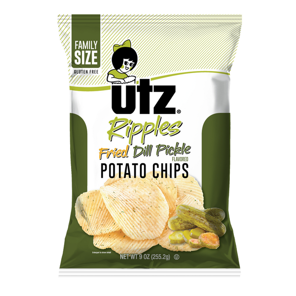 Chips & Pretzels Utz Potato Chips, Fried Dill Pickle Flavored, Ripples, Family Size hero