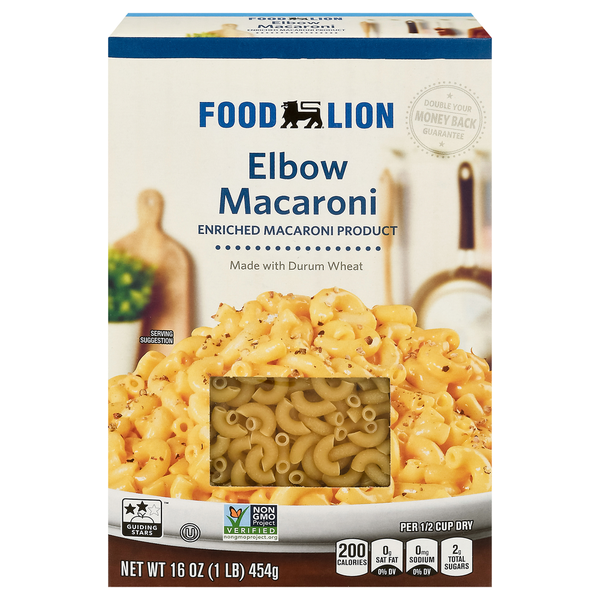 Dry Pasta Food Lion Macaroni, Elbow, Classic, Box hero