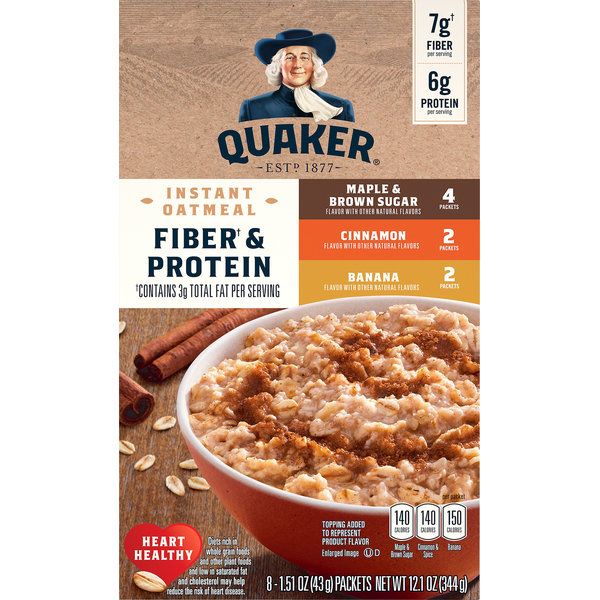 Hot Cereal & Pancake Mixes Quaker Instant Oatmeal, Fiber & Protein, Maple & Brown Sugar/Cinnamon/Banana, 8 Pack hero