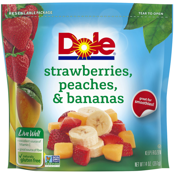 Frozen Produce Dole Strawberries, Peaches & Bananas hero