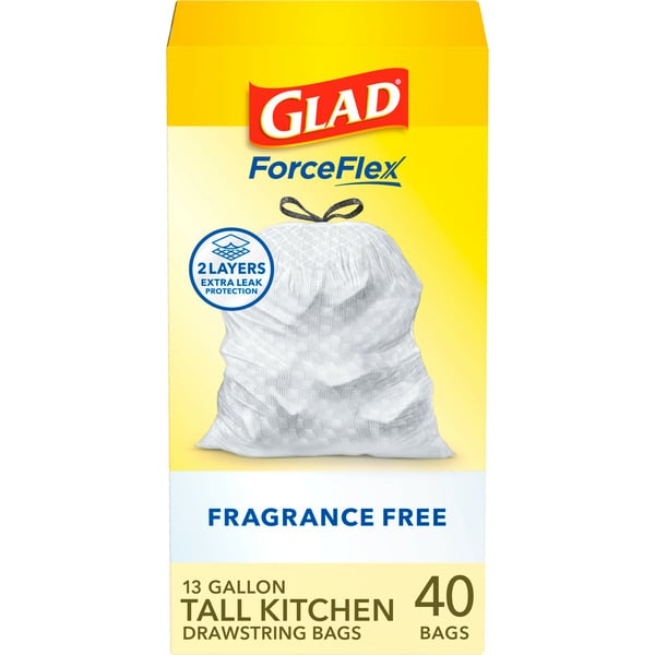 Glad ForceFlex Tall Kitchen Drawstring Trash Bags, 13 Gallon, Fragrance Free hero