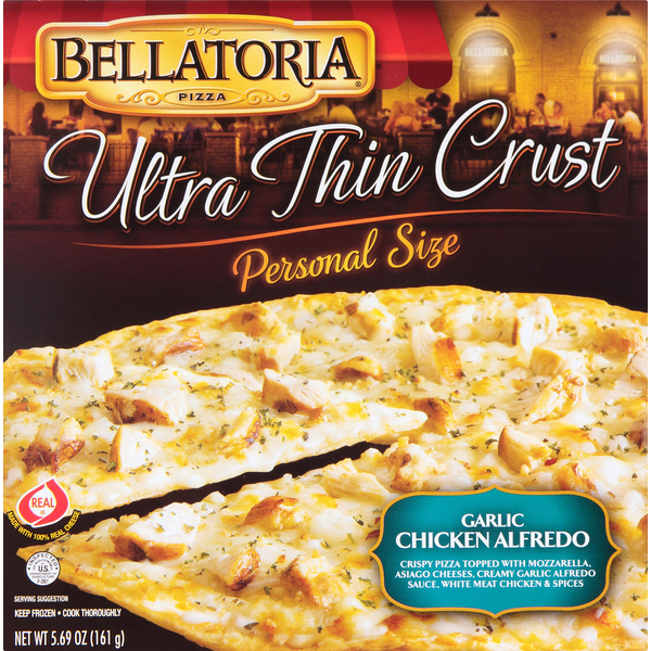 Frozen Pizza Bellatoria Pizza, Ultra Thin Crust, Garlic Chicken Alfredo, Personal Size hero