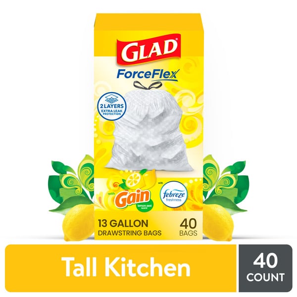 Trash Bags & Liners Glad Drawstring Bags, Tall Kitchen, Lemon Zest Scent, 13 Gallon hero