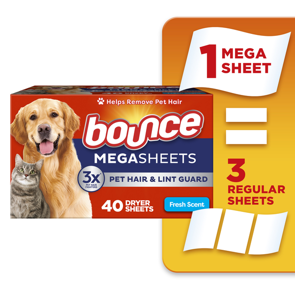 Laundry Bounce Pet Hair and Lint Guard Mega Dryer Sheets with 3X Pet Hair Fighters, Fresh Scent hero