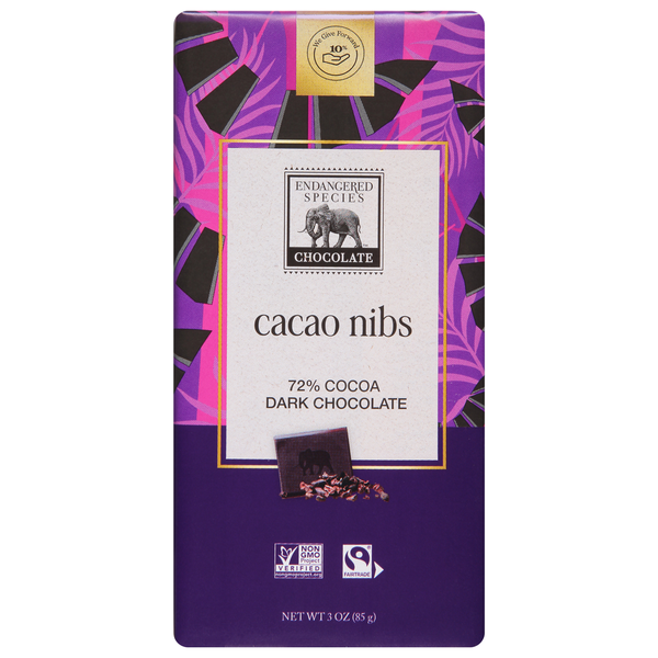 Candy & Chocolate Endangered Species Dark Chocolate, Cacao Nibs, 72% Cocoa hero