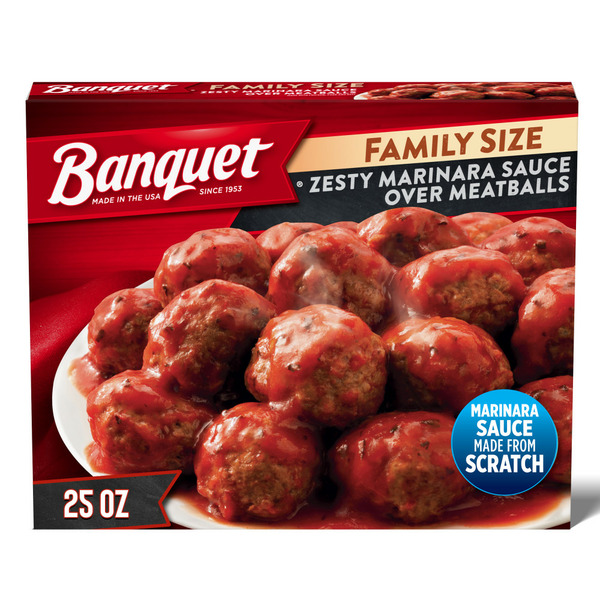 Frozen Meals Banquet Family Size Zesty Marinara Sauce Over Meatballs, Frozen Meal hero