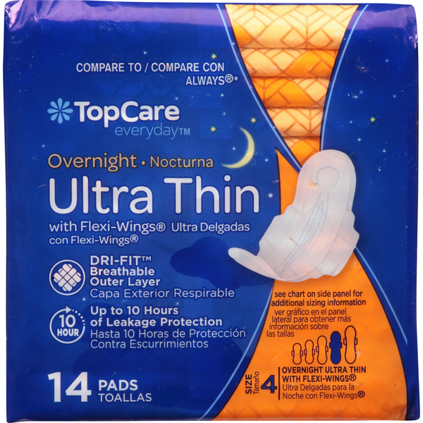 Feminine Care TopCare Pads, Ultra Thin, with Flexi-Wings, Overnight, Size 4 hero