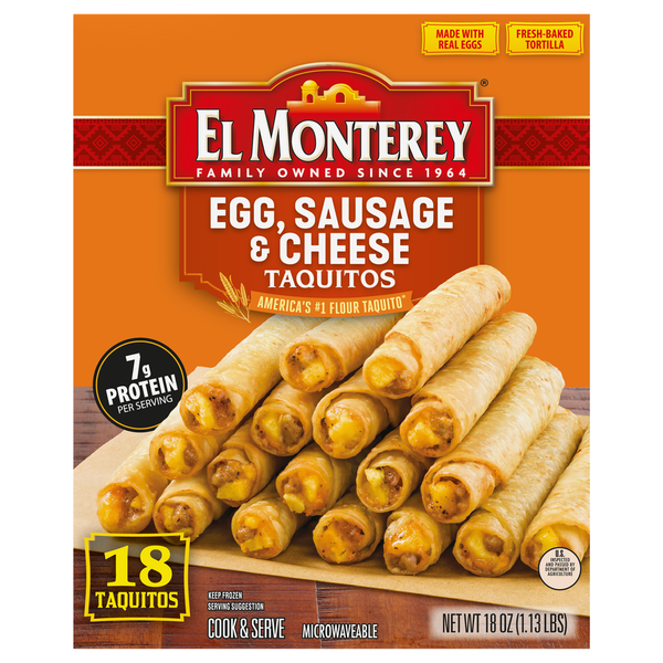 Frozen Appetizers & Sides El Monterey Taquitos, Egg, Sausage & Cheese hero