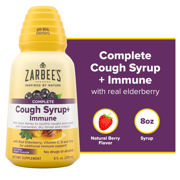 Cold, Flu & Allergy Zarbee’s Adult Cough Syrup + Immune, Natural Berry hero