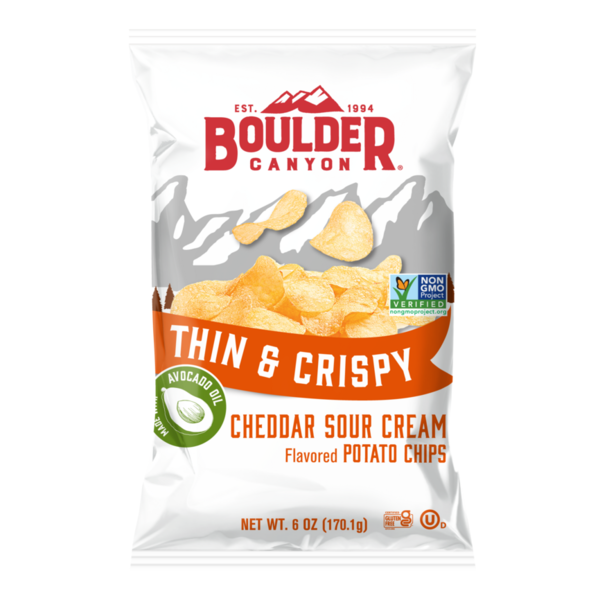 Chips & Pretzels Boulder Canyon Cheddar Sour Cream Thin & Crispy Chip hero