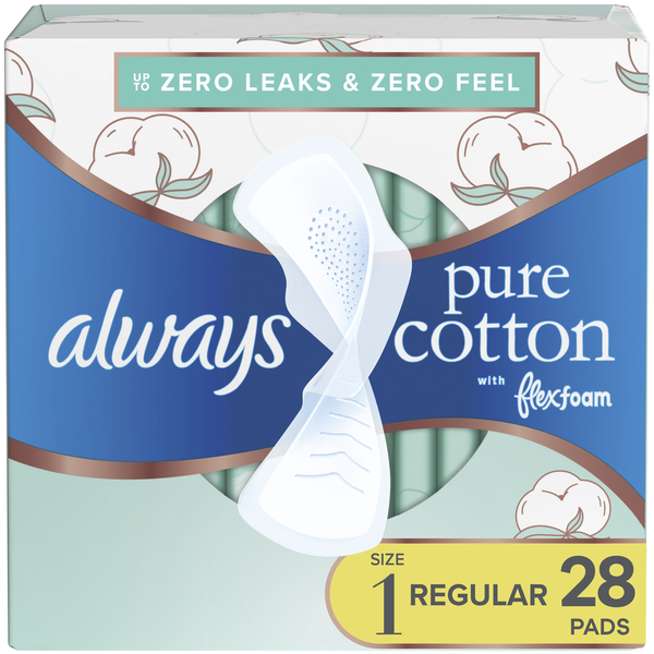 Feminine Care Always Pure Cotton Feminine Pads for Women, Size 1, Regular, with wings, unscented hero