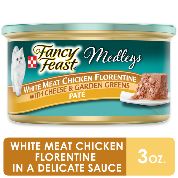 Wet Cat Food Purina Fancy Feast Pate Wet Cat Food, Medleys White Meat Chicken Florentine With Cheese & Garden Greens hero